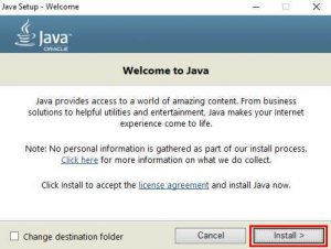 Начало установки явы