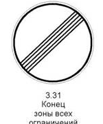 3.31 «Конец зоны всех ограничений». Обозначение конца зоны действия одновременно несколькими знаками из следующих 3.16, 3.20, 3.22, 3.24, 3.26 - 3.30.